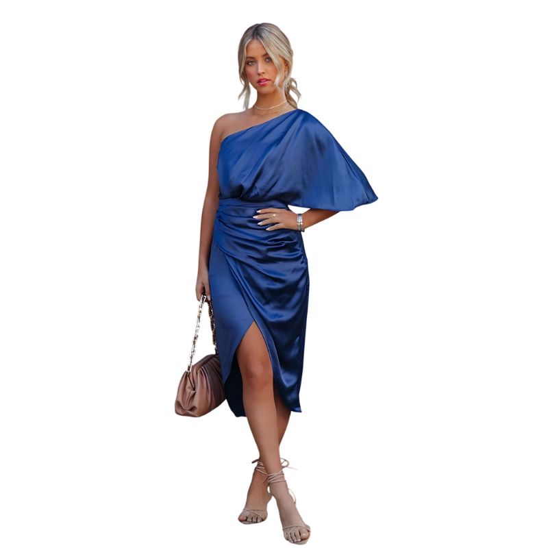 Vestido Midi Azul Asimétrico con Pliegues