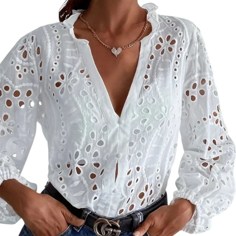 Blusa de Encaje con Cuello en Pico