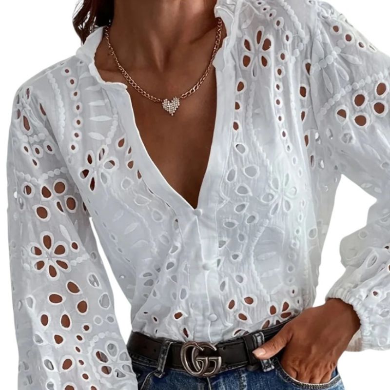 Blusa de Encaje con Cuello en Pico